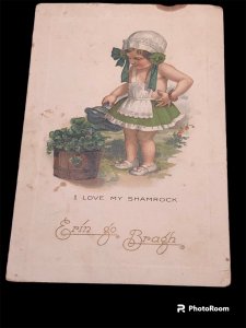 St Patrick’s Day Erin Go Bragh Victorian Girl watering shamrock garden