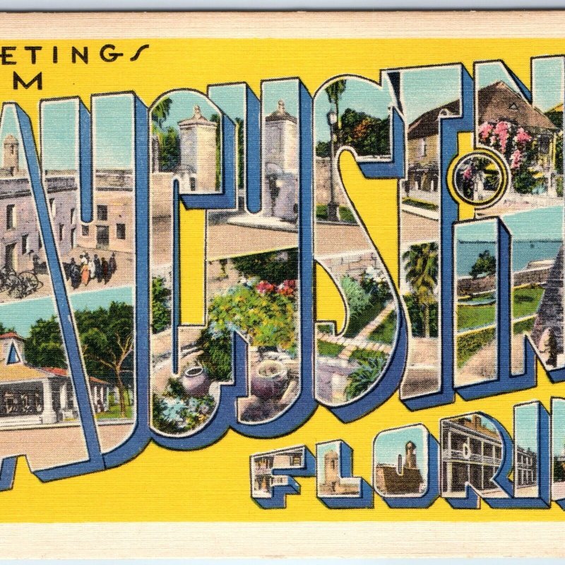 c1940s St. Augustine, FL Greetings From Large Letter Linen Postcard Florida A231