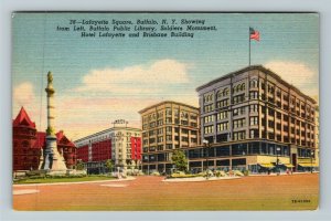 Buffalo NY-New York, Lafayette Square, Library, Hotel, Monument, Linen Postcard