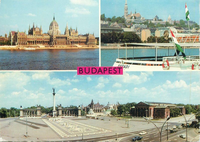 Postcard Budapest Multi View Flag Boat Square Palace Castle Parliament