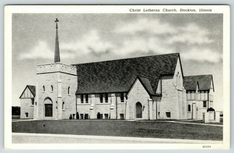 Stockton Illinois~Christ Lutheran Church~1952 Curteich B&W Postcard