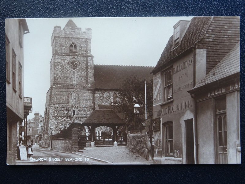 East Sussex SEAFORD Church Street CHURCH & THE OLD PLOUGH INN - Old RP Postcard