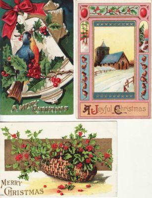 CHRISTMAS  HOLLY, RURAL SCENE, BIRD on BELL 3 postcards