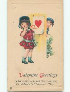 Pre-Linen valentine CUTE GIRL WITH BASKET HAT DOESN'T SEE BOY BEHIND FENCE J0327