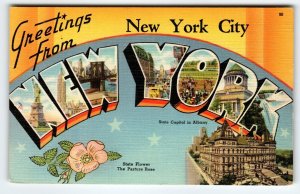 Greetings From New York City Large Letter Linen Postcard NY Tichnor 1946 Vintage