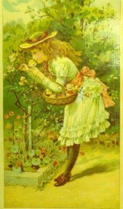 Victorian Trade Card Love Greetings True & Co Girl Garden Floral 4 1/2 x 9 XL