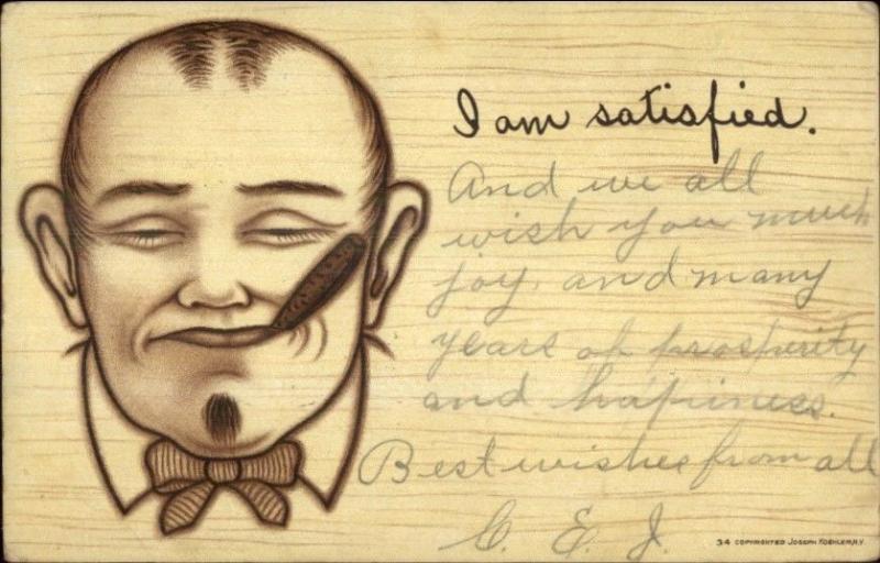 Balding Man w/ Goatee Smoking Cigar I AM SATISFIED c1910 Postcard rpx