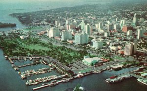 Vintage Postcard Aerial View Of The City Buildings Boats Roadways Miami Florida