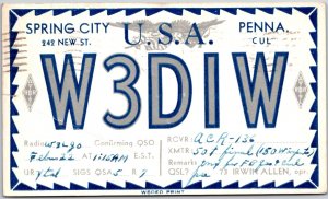 1936 QSL Radio Card Springs City Pennsylvania W3DIW Station Posted Postcard