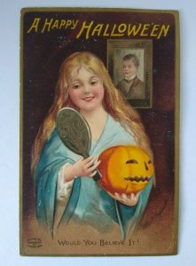 Halloween Postcard Lady JOL Hand Mirror Ellen Clapsaddle 1910 Somerville NJ