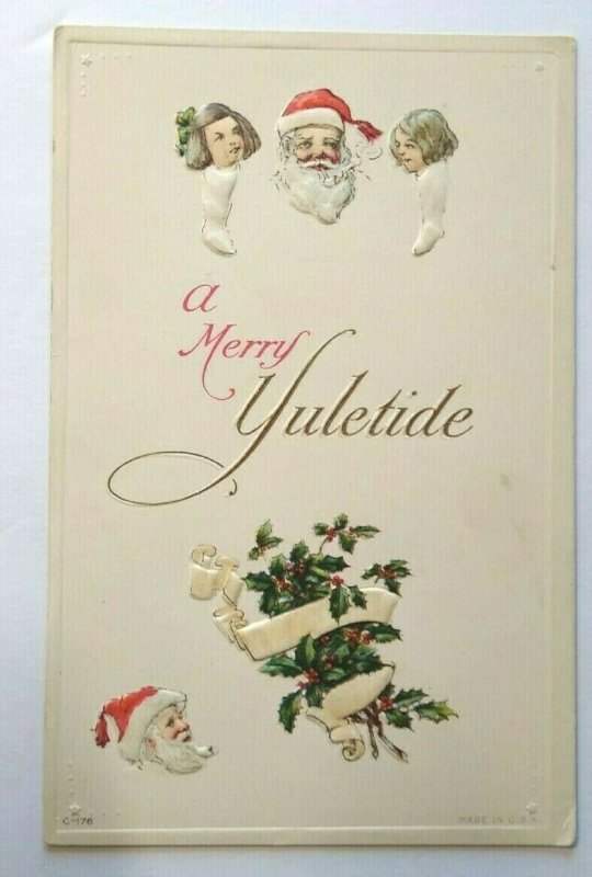 Santa A Merry Yuletide Christmas Postcard Heads Inside Stockings Series C-176