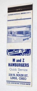 M and Z Hamburgers Lima Ohio Advert Superior Match Co 20 Strike Matchbook Cover