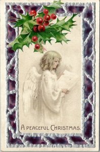Peaceful Christmas Beautiful Angel Silvertone Framed Border Holly Postcard U3