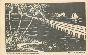 Linoleum Cut Dudley Studio of Arts & Crafts 1942 Florida Key West night highway 