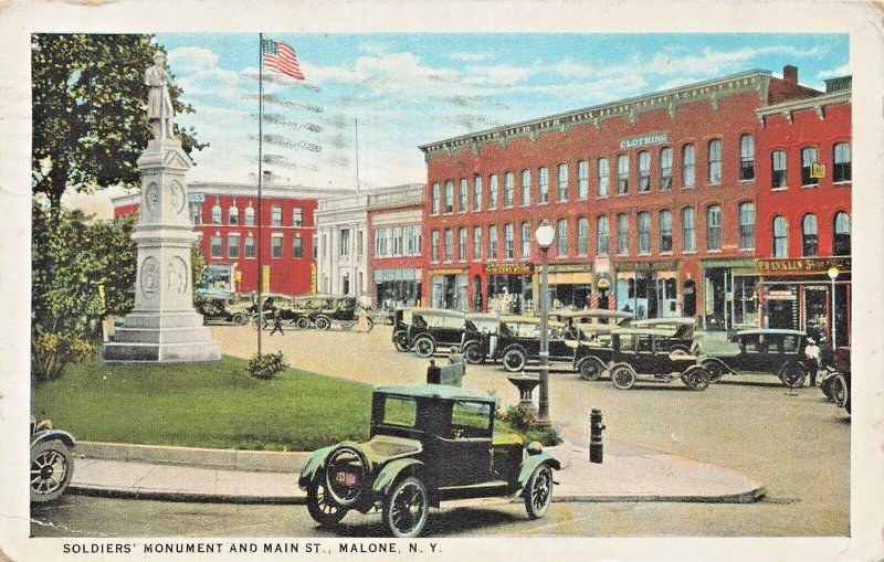 MALONE NY~CIVIL WAR SOLDIERS MONUMENT-MAIN STREET-STOREFRONTS~1926 POSTCARD