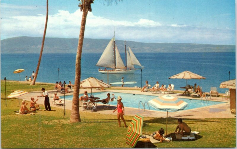 Postcard Hawaii Maui Kaanapali Royal Lahaina Resort swimming pool beach sailboat
