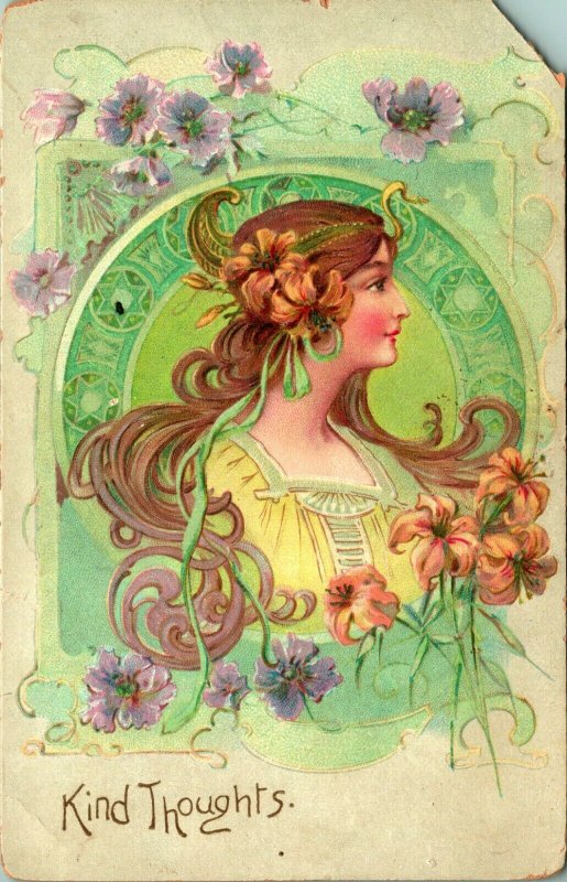 Alphonse Mucha Art Nouveau Tipo Pensieri Molla Donna 1907 Cartolina