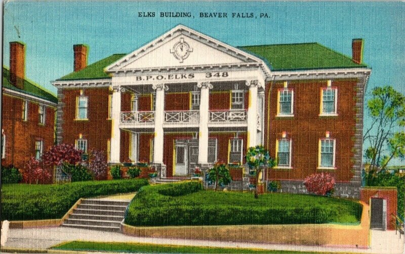 Elks Building Beaver Falls PA Pennsylvania Vintage Linen Postcard Imperial Card 