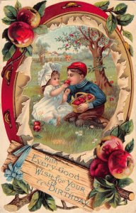 Birthday girl feeding boy apple vintage Postcard 26val04