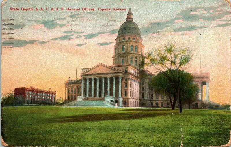 State Capitol AT SF General Offices Topeka Kansas Antique Postcard DB Germany PM 