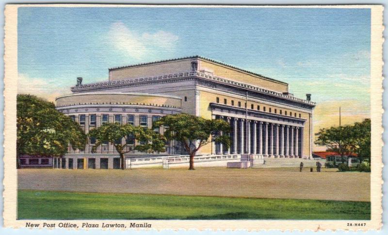 MANILA, PHILIPPINES   Plaza Lawton POST OFFICE  ca 1940s Linen  Postcard