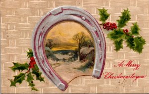 Merry Christmas With Silver Horseshoe and Holly 1910