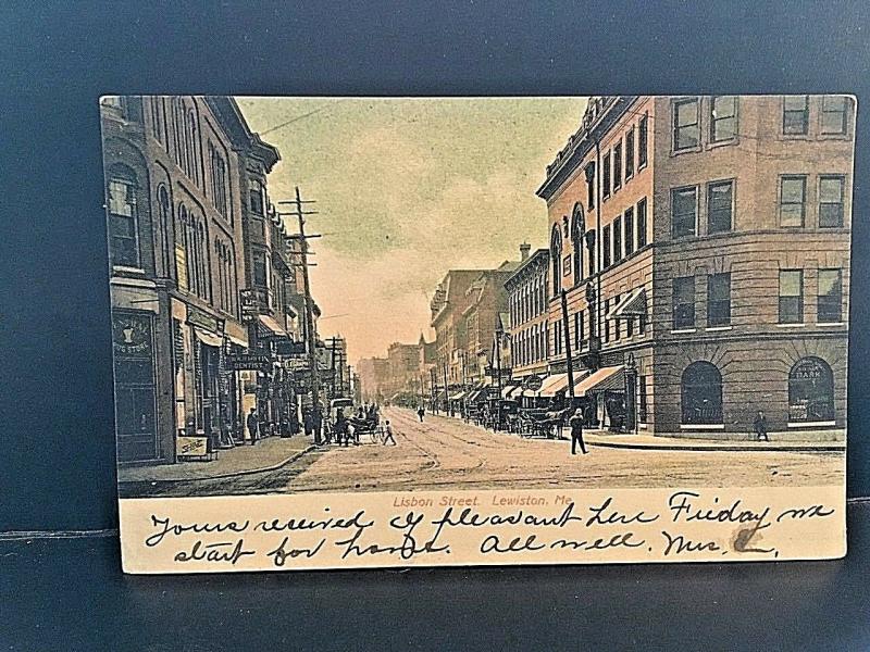 Postcard  Hand Tinted 1911 View of Lisbon Street in  Lewiston, ME.   W3