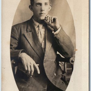c1910s Handsome Young Mans Portrait RPPC Thinking Pose Classy Fashion Photo A211