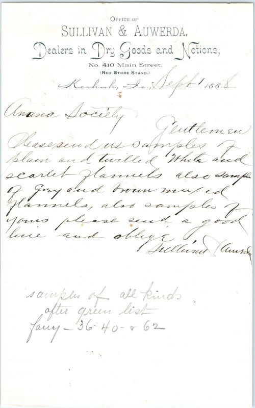 1888 Keokuk, Iowa Sullivan & Auwerda Dry Goods Store Letterhead Amana IA R1