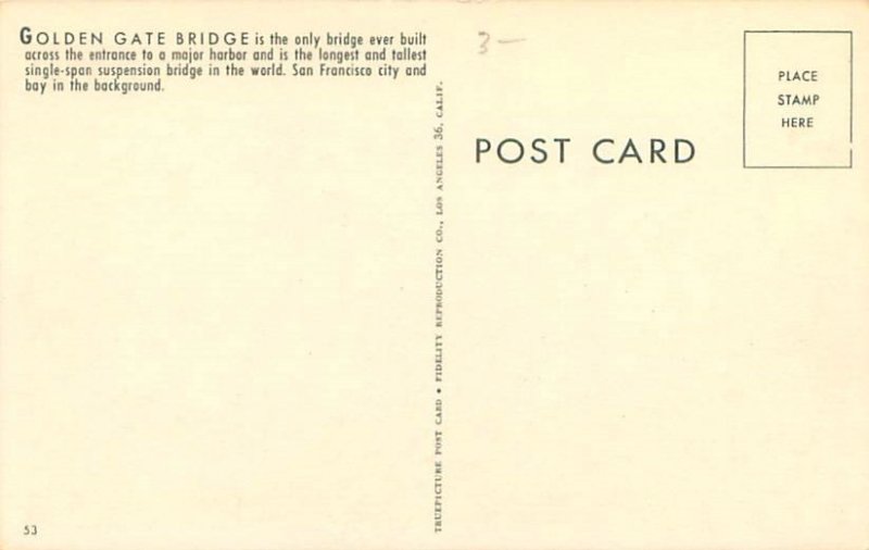 San Francisco CA Golden Gate Bridge White Border Postcard Unused