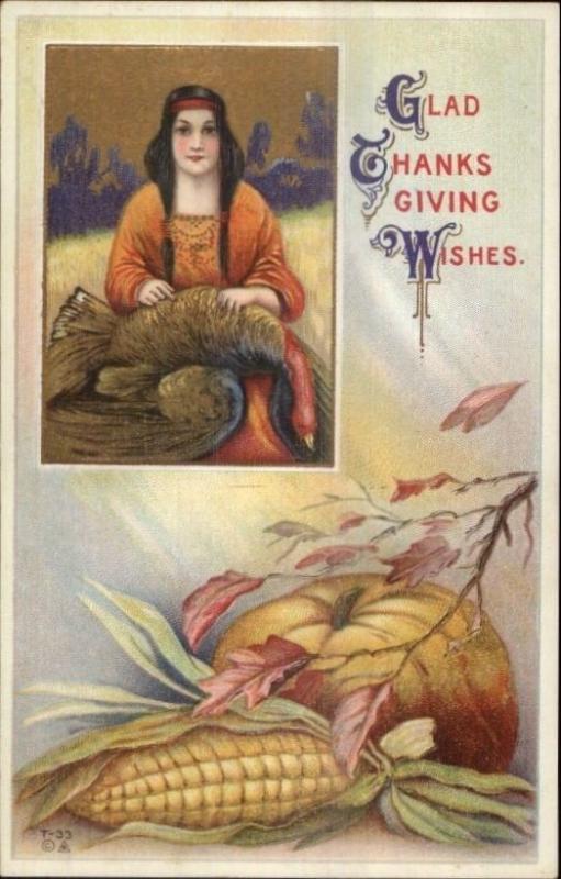 Thanksgiving - Beautiful Native American Indian Woman T-33 c1910 Postcard