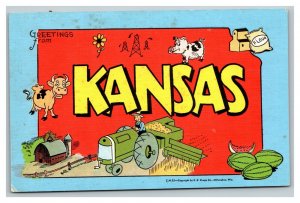 Vintage 1940's Postcard Greetings From Kansas - Farming Tractor Cows Pigs Oil