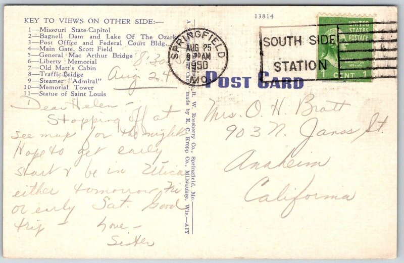 MISSOURI 1950 MAP Multiview Postcard Major Tourist Sights