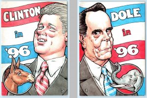 2 Postcards RICK GEARY Artist Signed Politics CLINTON DOLE Caricature 1996 4x6