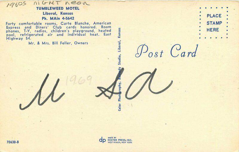 Dexter Liberal Kansas Tumbleweed Motel roadside 1960s Postcard Night 4086