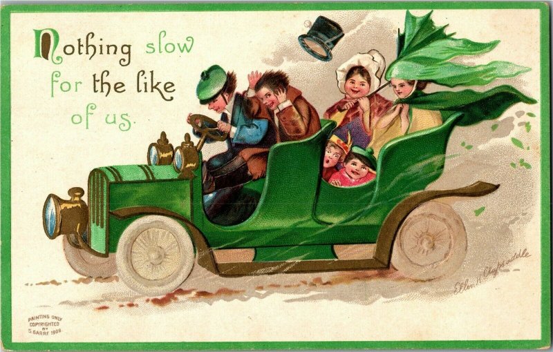 Irish Family in Green Car, Nothing Slow for Us Clapsaddle Vintage Postcard N38