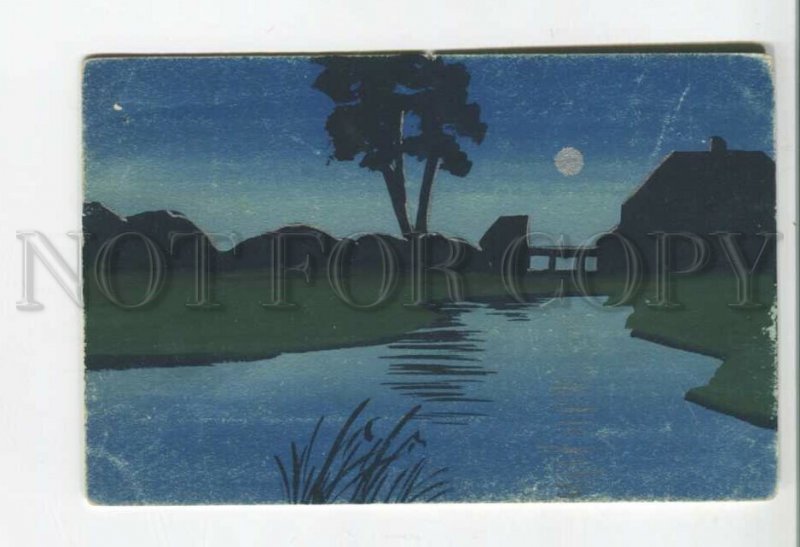 478166 Night River view MOON Vintage postcard HAND PAINTED