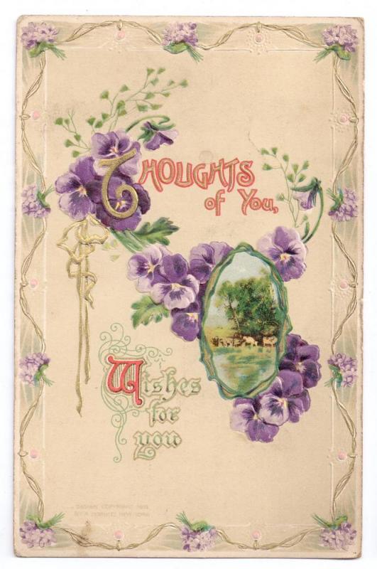 Thoughts of You Pansies Gilded Embossed PS Dresden Postcard