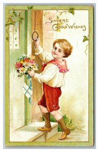 Vintage 1910 Good Wishes Postcard Blonde Boy with Flowers Rings Doorbell NICE