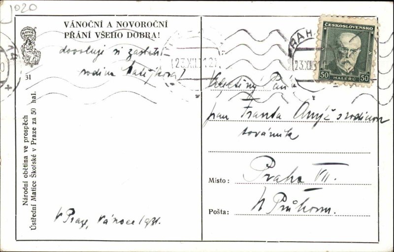 Christmas Young Man Axe Weapon Snowman Shooting Star Czech Postcard