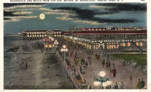 Vintage Postcard Boardwalk & Beach by Moonlight Asbury Park New Jersey N.J.