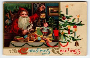 Santa Claus Christmas Toys Tree Lit Candles Gel Postcard 1913 Antique Saxony