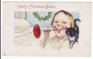Child Blowing Horn & Cat 1913 Christmas Postcard EX
