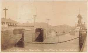 381823-Panama, Miraflores, RPPC, Lock Gates in Operation, USS Maryland