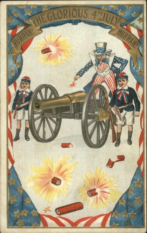 4th Fourth of July Uncle Sam & Boy Fire Cannon SB 258 c1910 Postcard