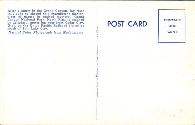 Grand Canyon AZ North Rim Postcard Unused (29668)