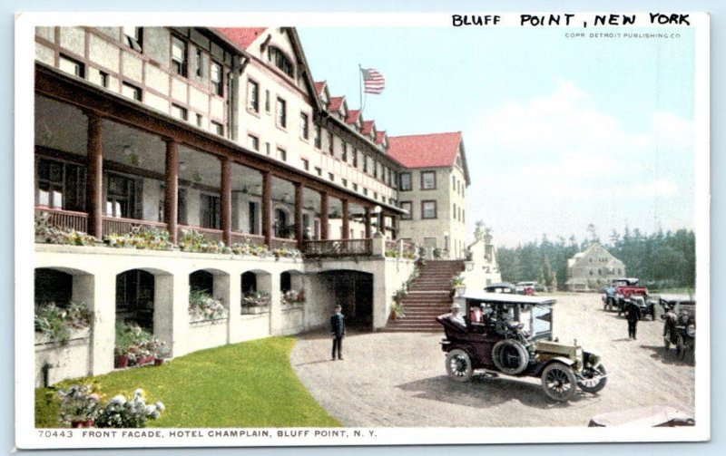2 Postcards BLUFF POINT, NY ~ Ladies Parlor HOTEL CHAMPLAIN Front Facade c1910s