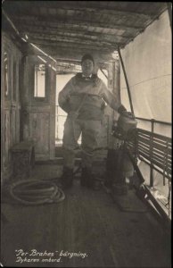 Sweden Diver Diving Suit Helmet Hose On Ship c1910 Real Photo Postcard