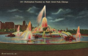 Vintage Postcard 1930's Buckingham Fountain By Night Grant Park Chicago Illinois