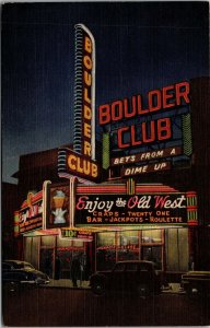 Vtg Las Vegas Nevada NV Boulder Club Casino Neon Sign 1950s Linen Postcard